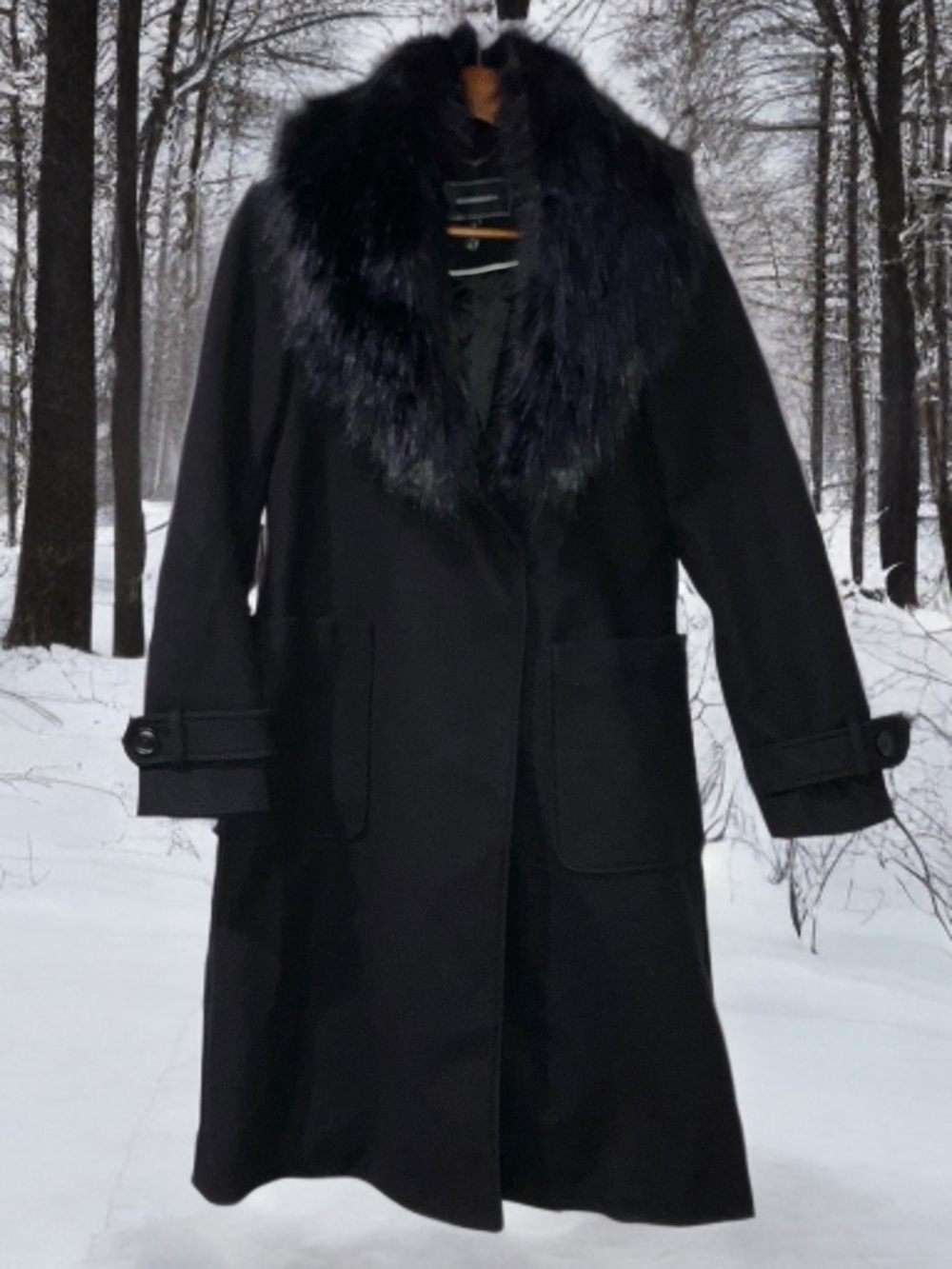 BCBG Max Azria Black Long Peacoat Trenchcoat Classic Luxury XS